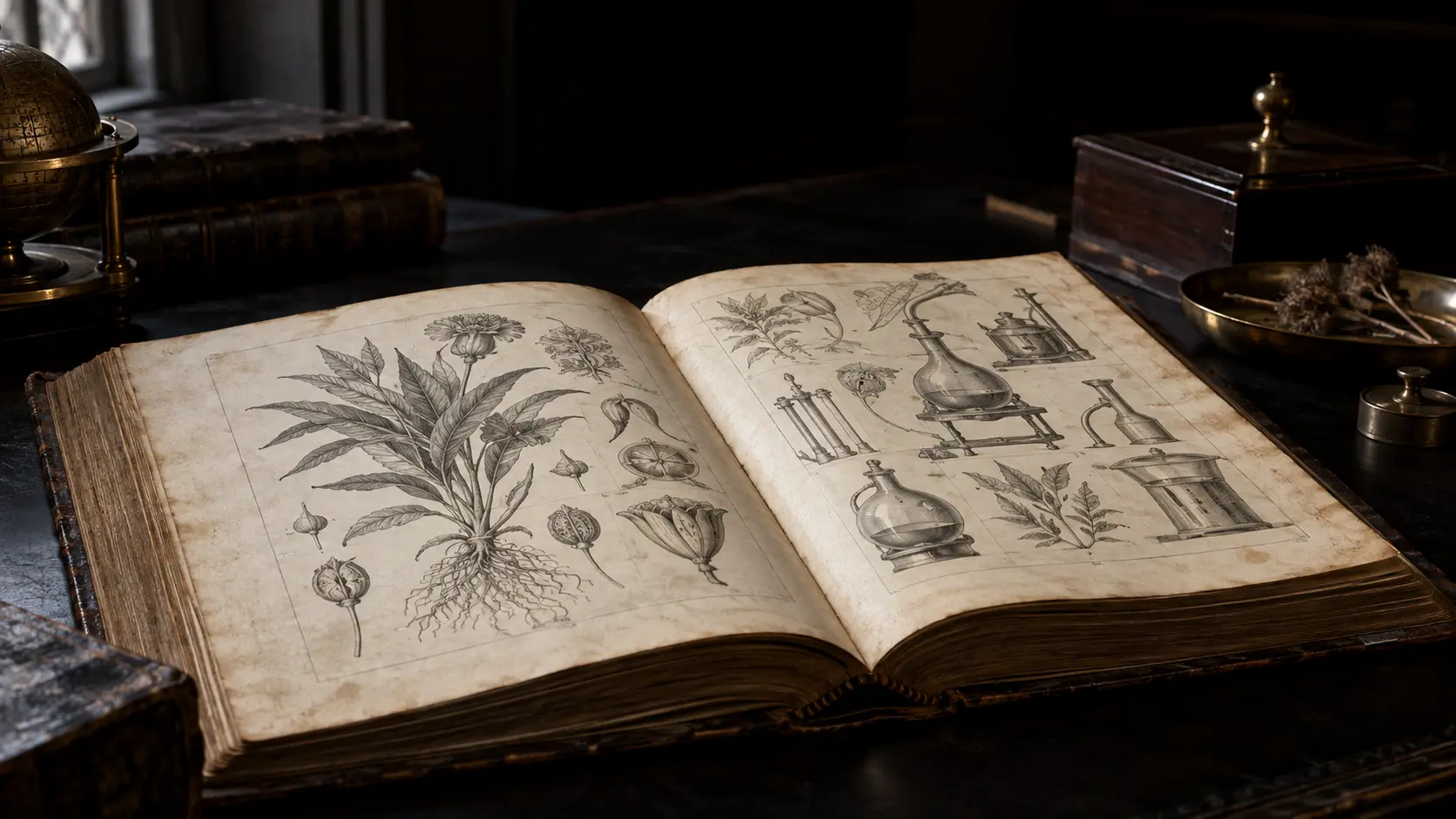 Open historical volume with botanical and laboratory engravings