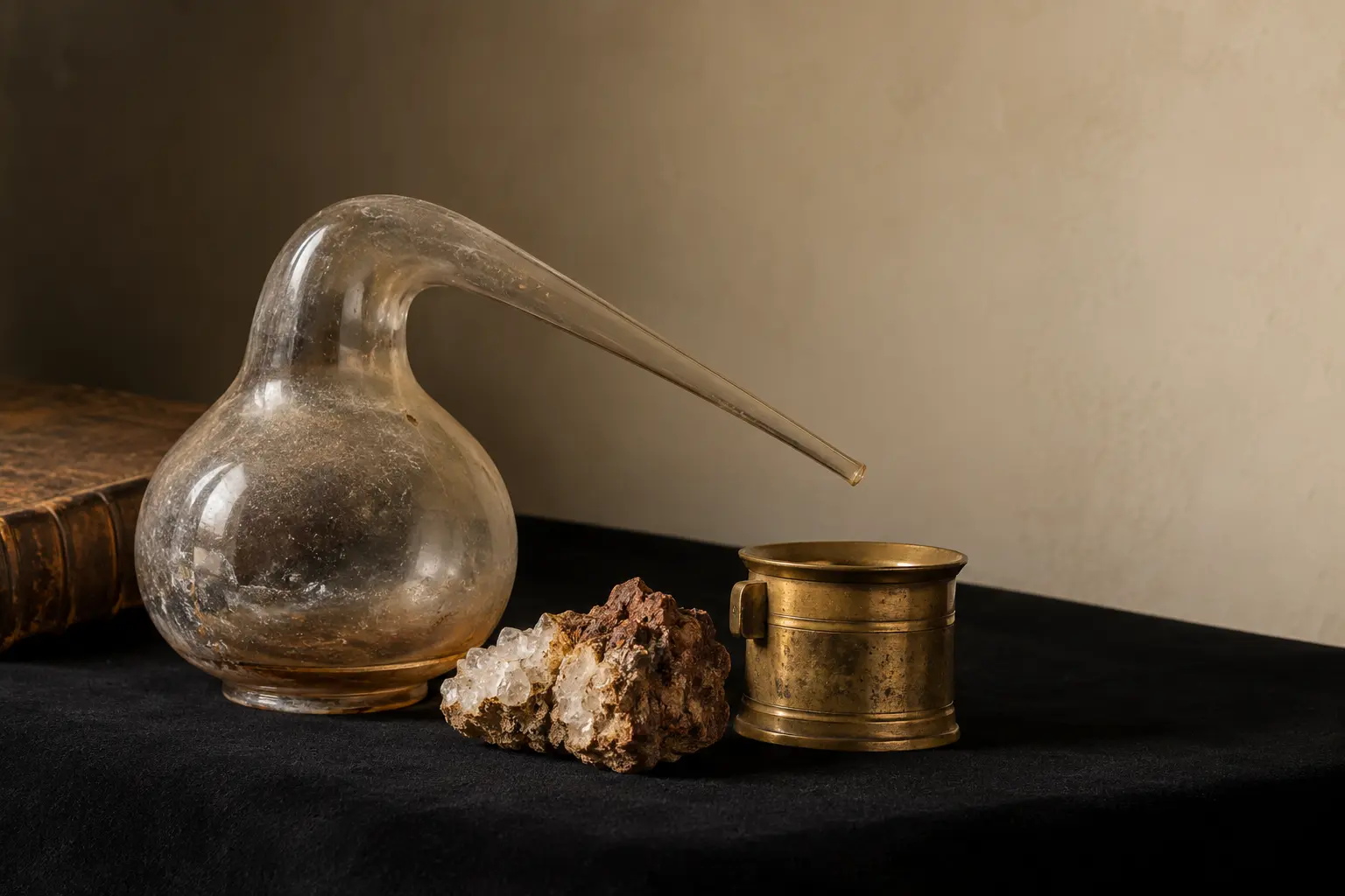 Historical glass retort, mineral sample and brass vessel